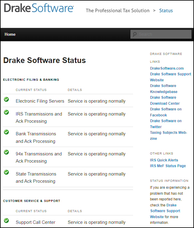 Image of the Drake Software Status Page